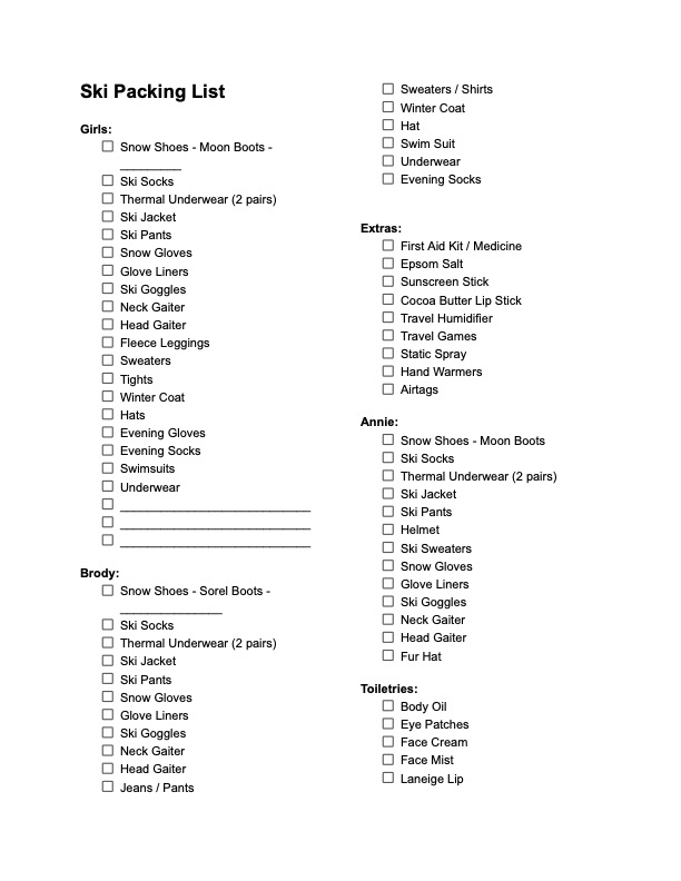 Ski Packing List